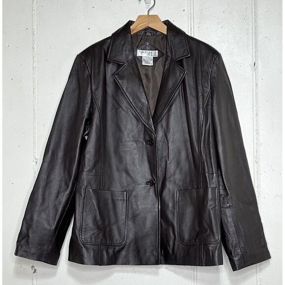 TOWER HILL COLLECTION Genuine Leather‎ Brown Blazer Jacket Lined Women's size 16 - Picture 1 of 8
